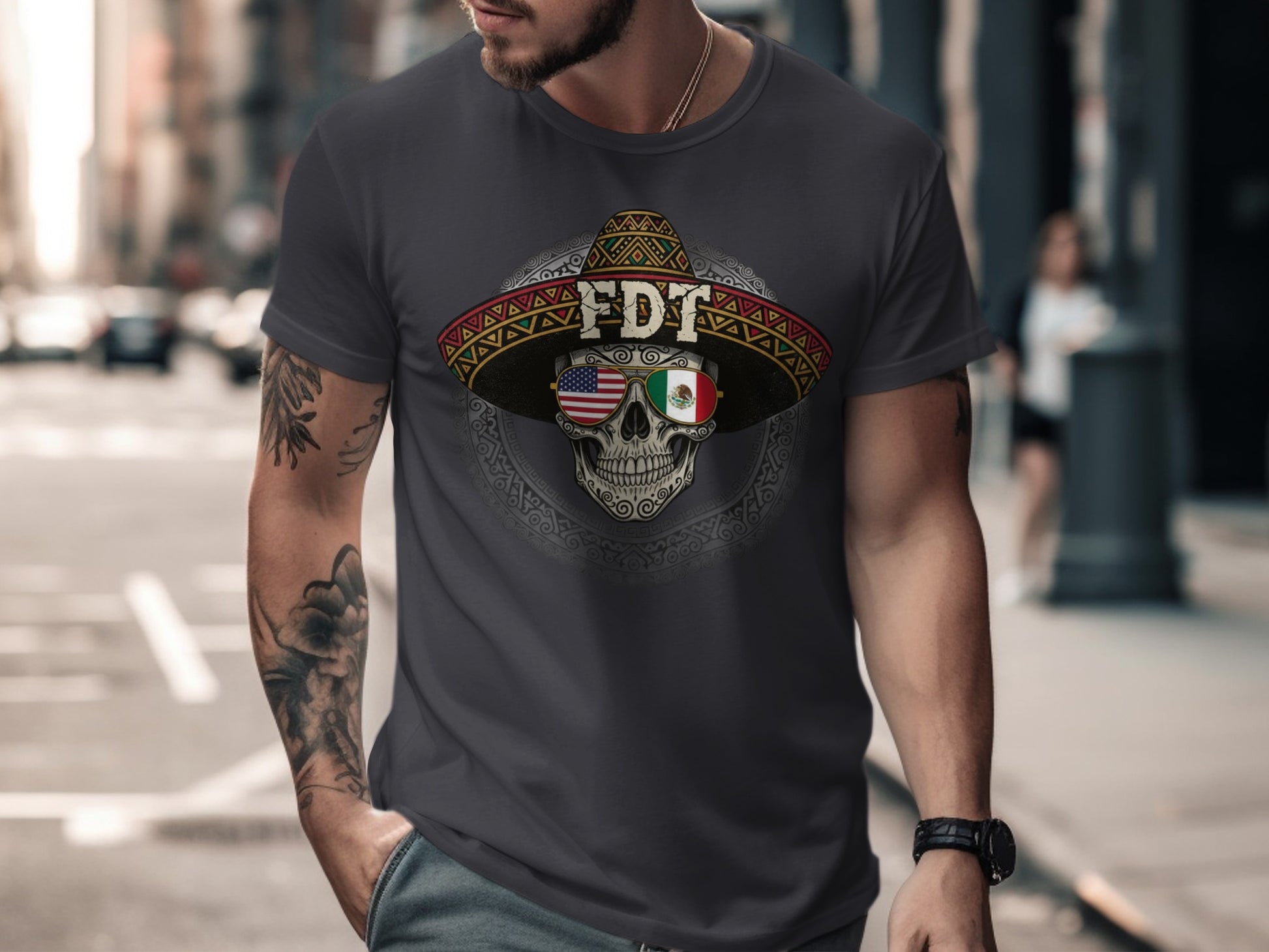 T-shirt with Skull Wearing Hat USA Mexico Flag Design
