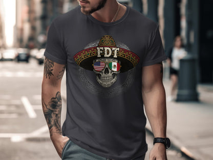 T-shirt with Skull Wearing Hat USA Mexico Flag Design