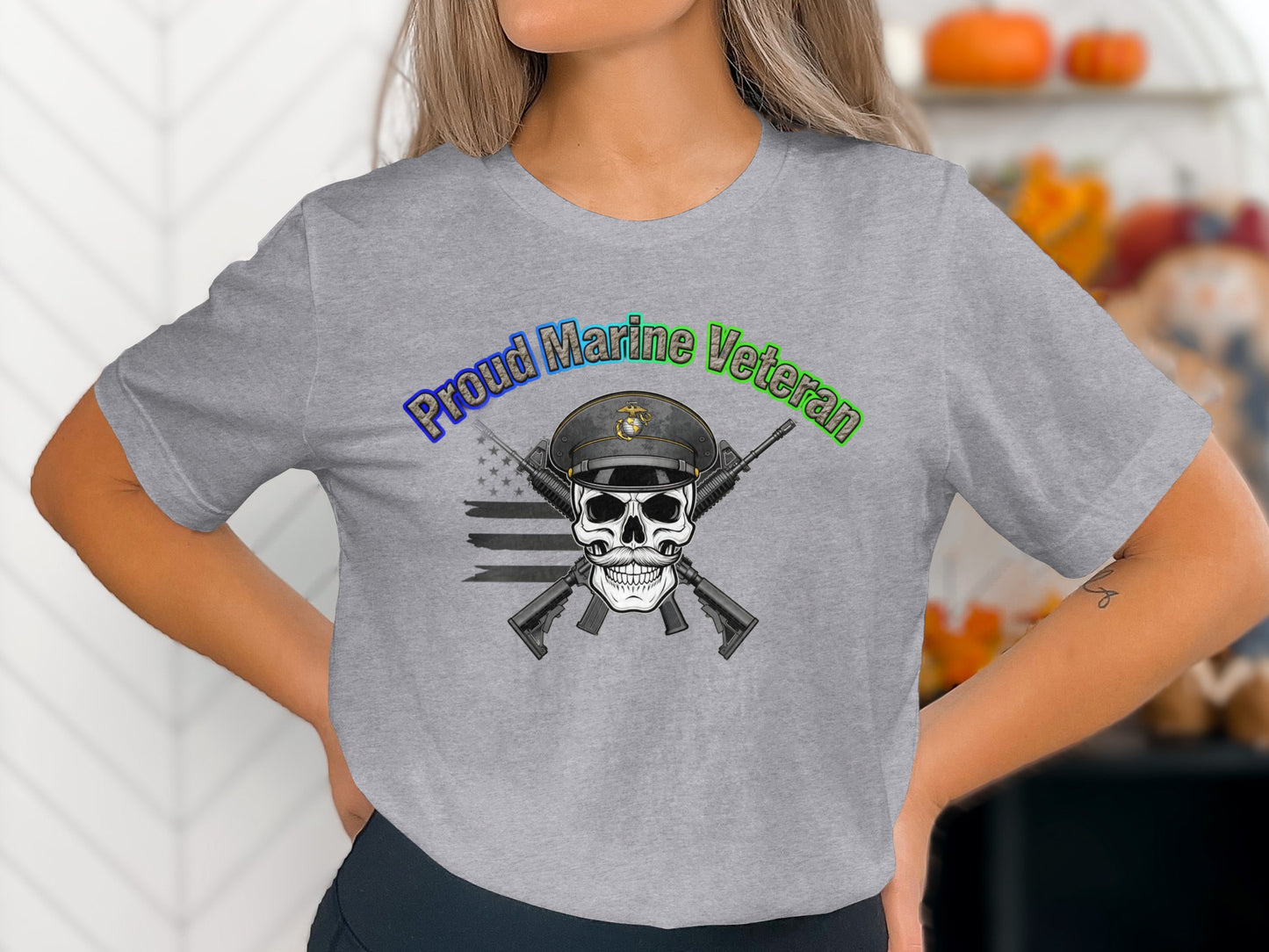 Proud Marine Veteran Skull and Guns Graphic T-shirt