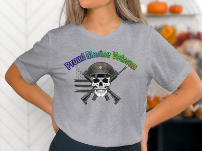 Proud Marine Veteran Skull and Guns Graphic T-shirt