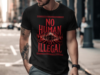 Black t-shirt with red text and graphic "No Human Is Illegal"