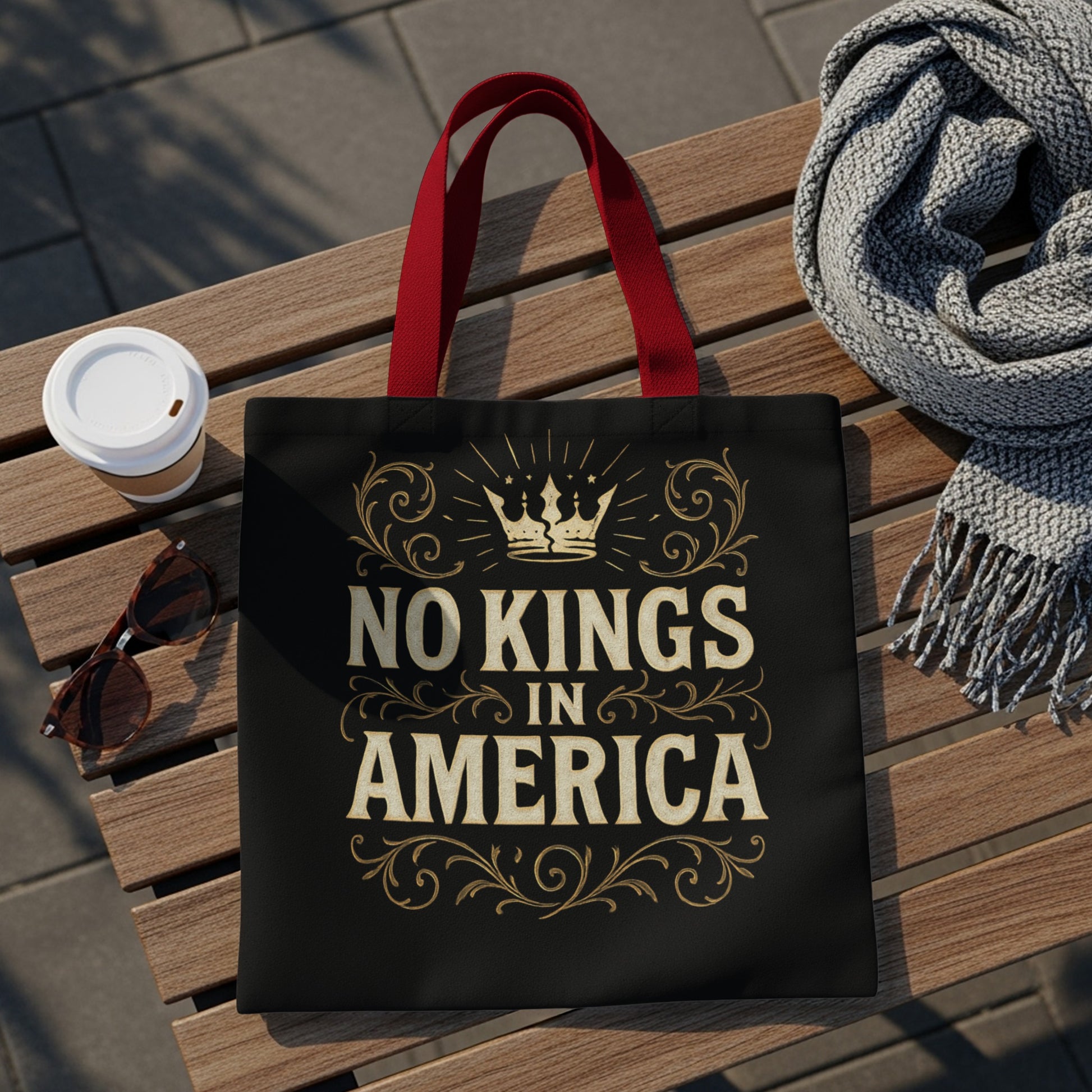 Black tote bag with "NO KINGS IN AMERICA" text and crown design.