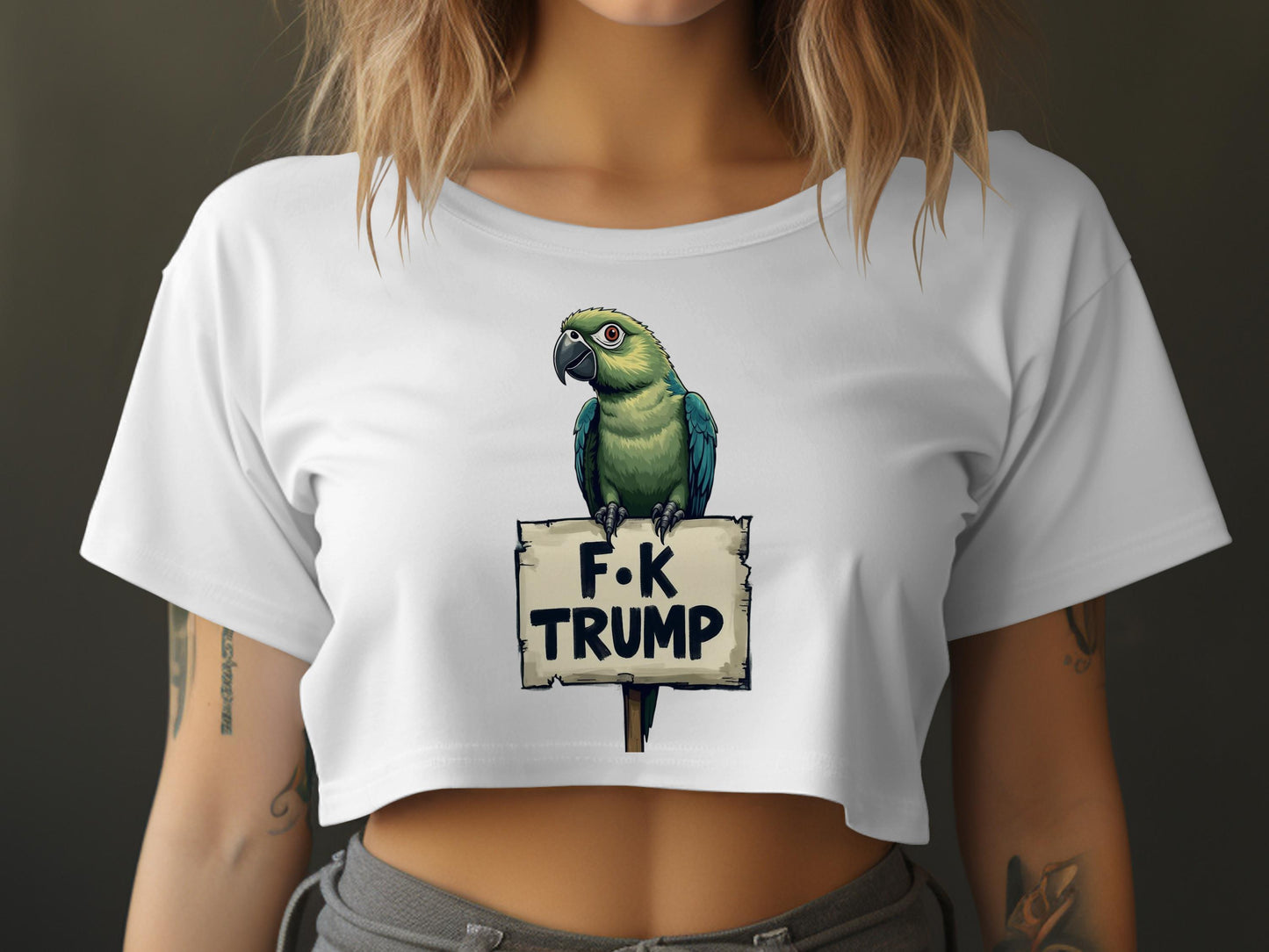 Parrot With F-K Trump Sign Graphic Crop Top product