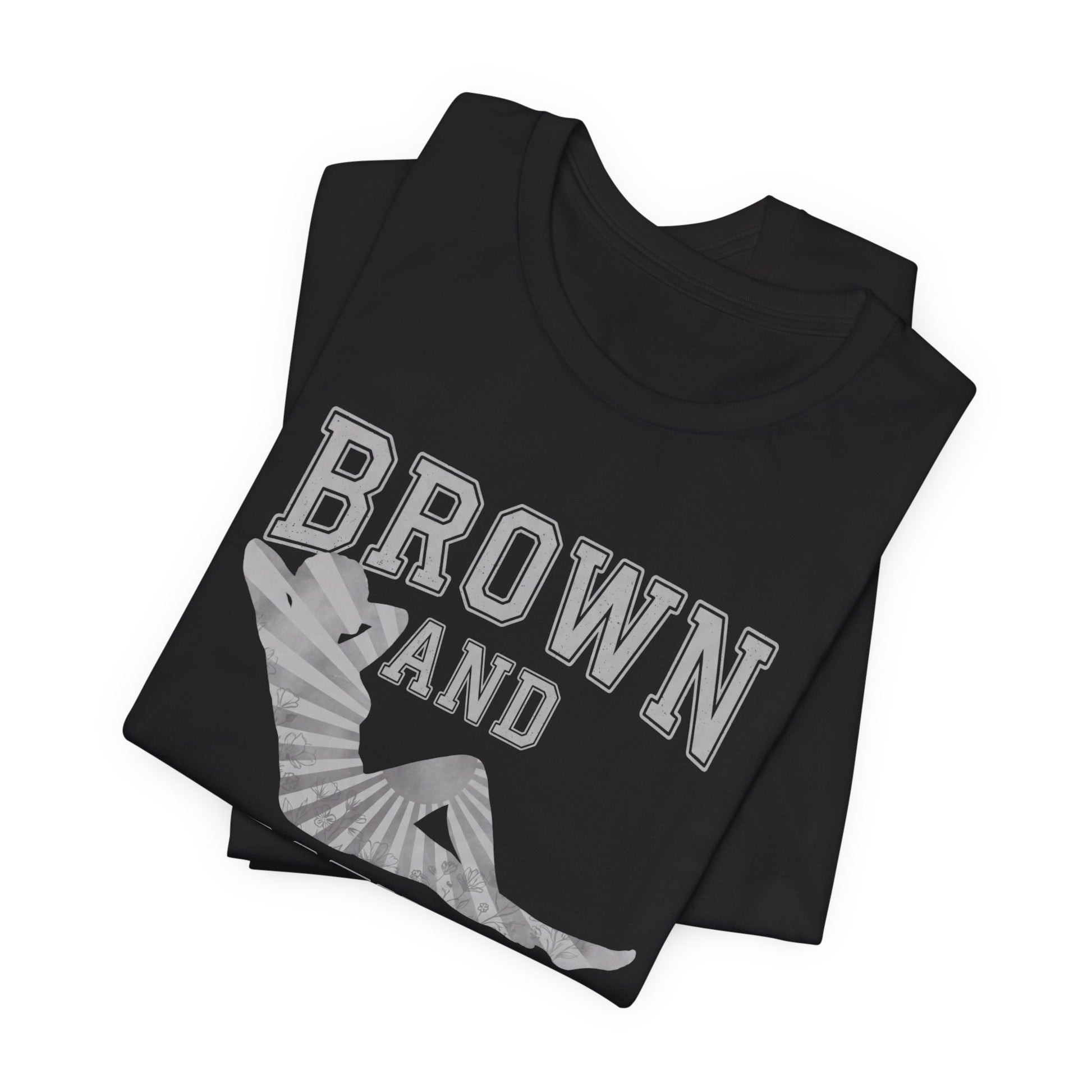 Black t-shirt with "Brown And" in white text and a silver silhouette.