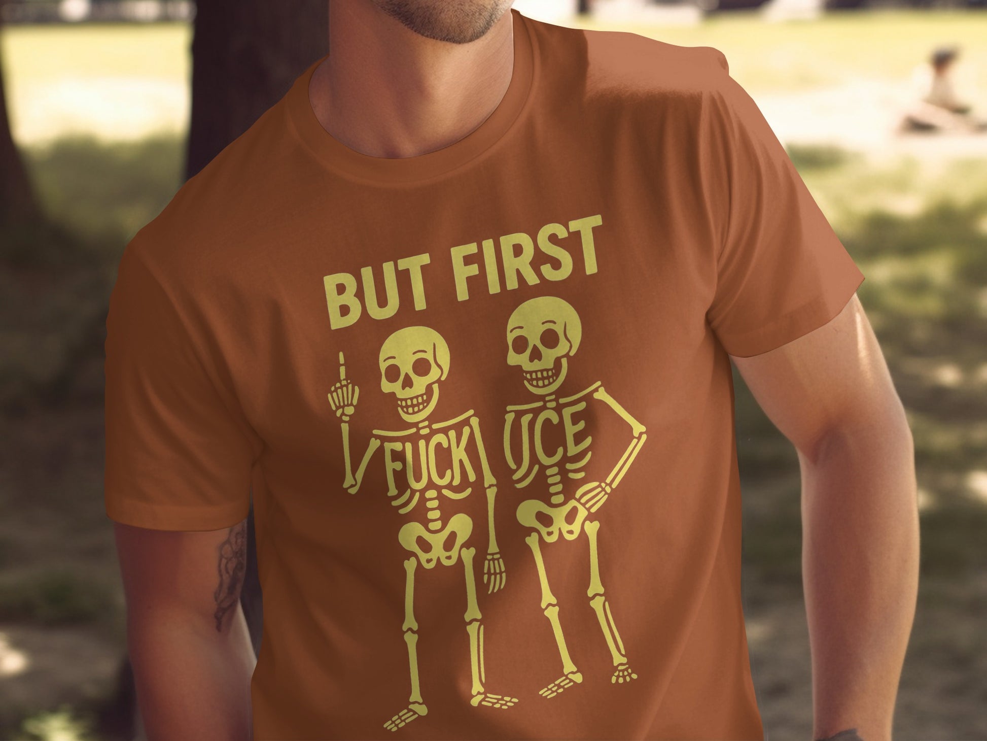 But First Skeletons Graphic Tee Fun Halloween product type