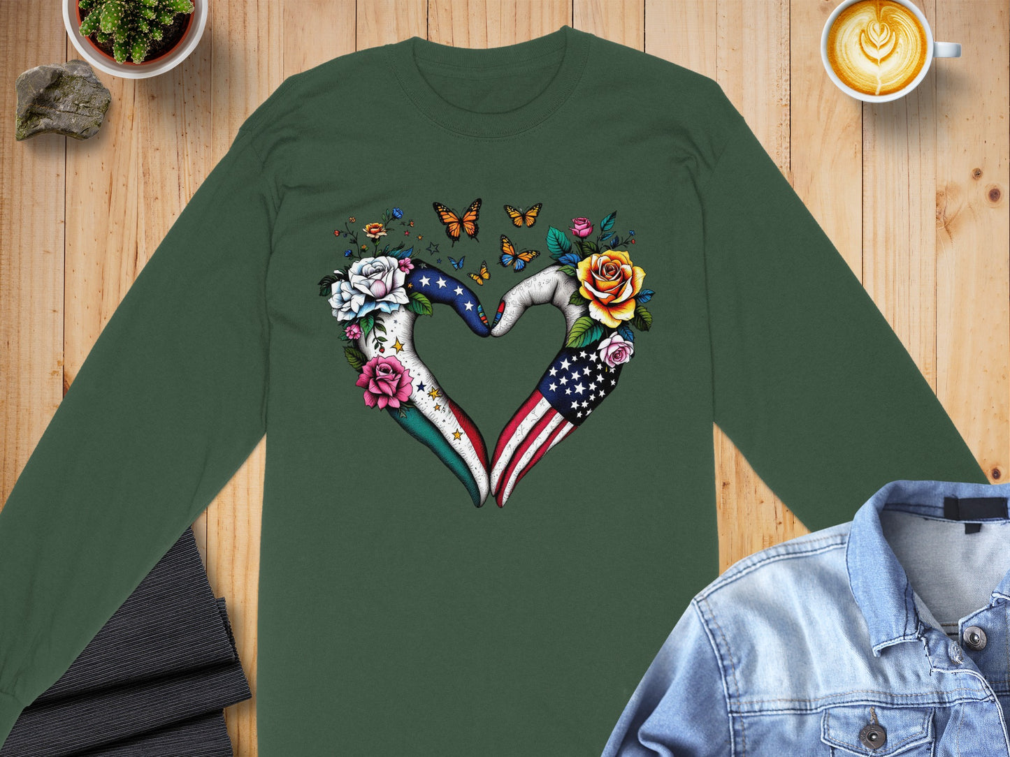 Butterflies and Roses Heart Design on Green Shirt