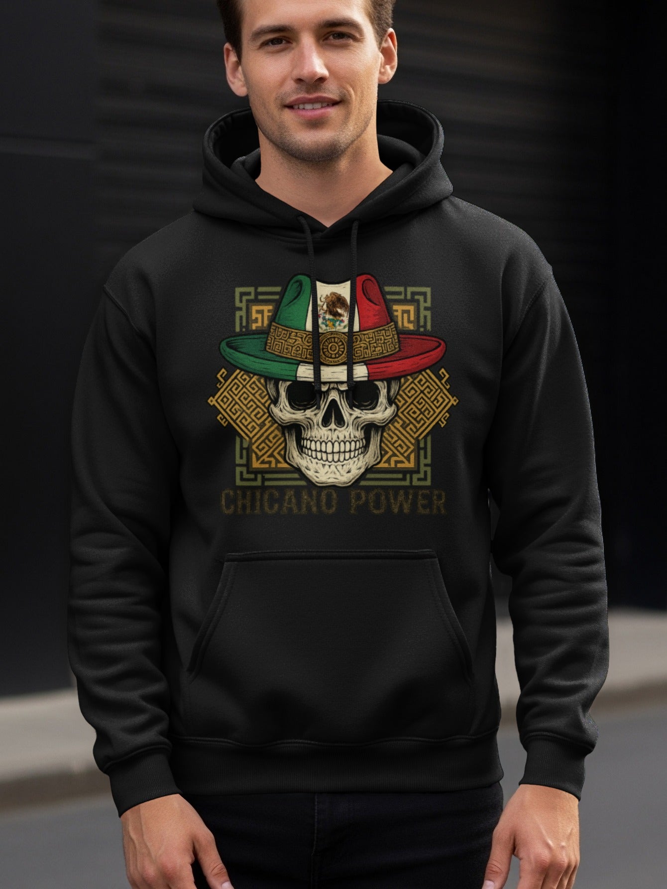 Chicano Power Skull Hat Graphic Hoodie