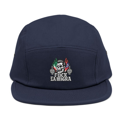 Fuck La Migra Hat Embroidered 5-Panel Cap — Skull with Mexican Flag Accent (Explicit Text)