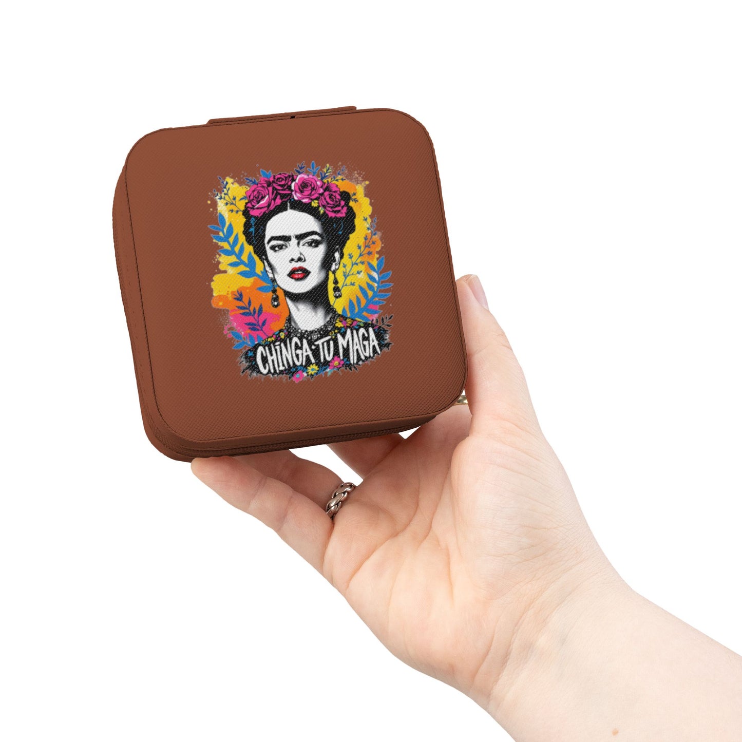 Frida Kahlo Floral Jewelry Travel Case – Compact Pink Organizer with Ring Rolls & Compartments