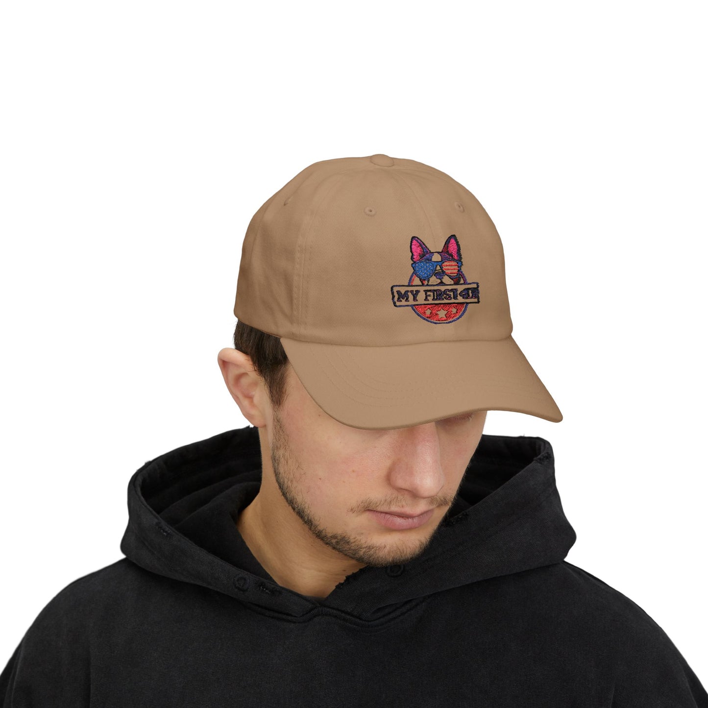 Patriotic Dog Dad Cap - 'My First 4th' Embroidered White Hat