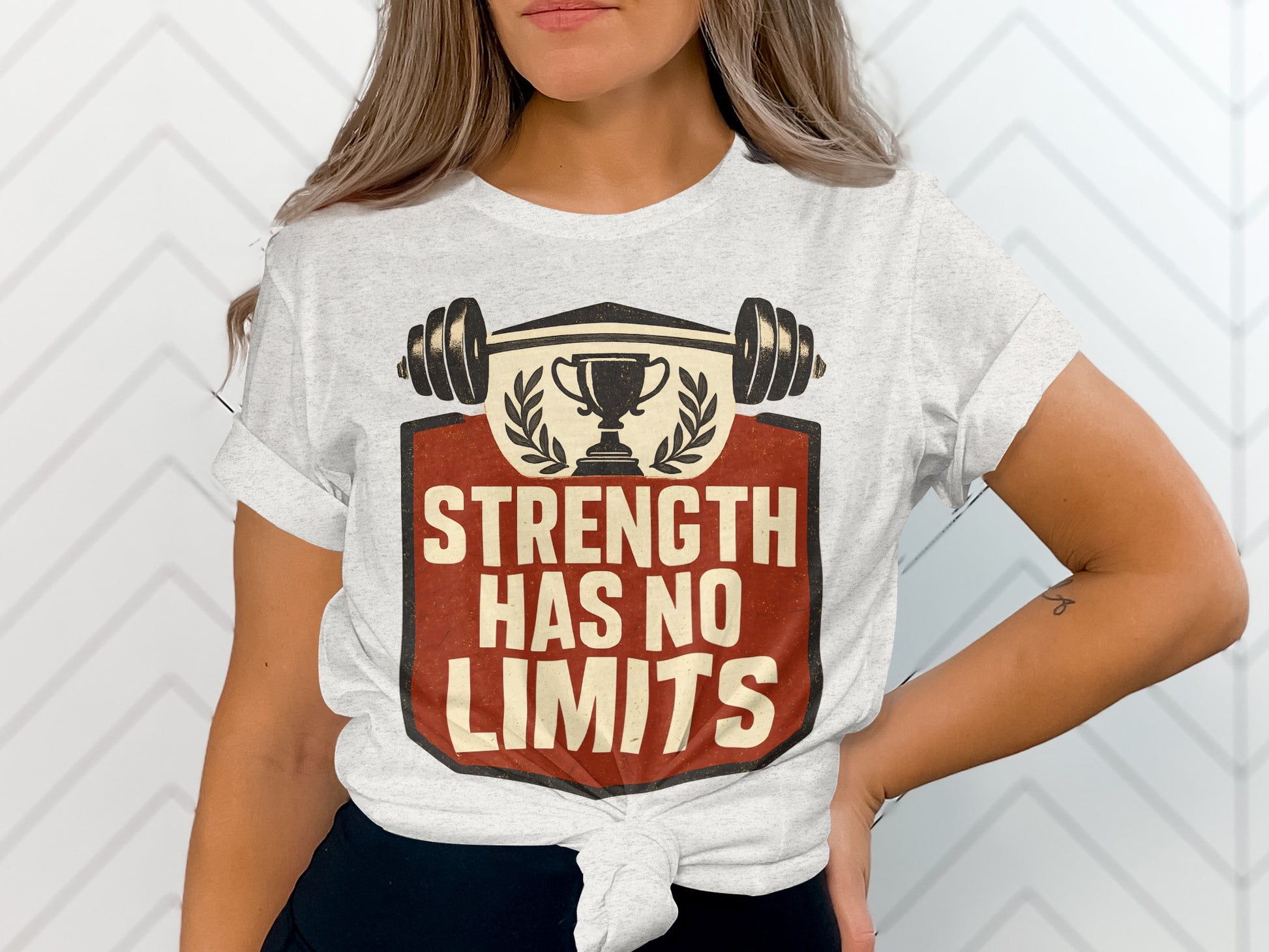 Strength Has No Limits Trophy and Barbell T-Shirt