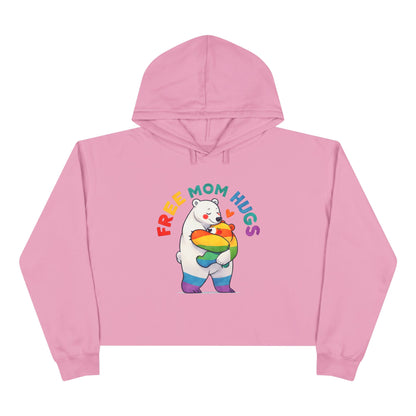 Colorful Bear 'Free Mom Hugs' Crop Hoodie | Fun, Cozy Gift for Moms, Pride, Celebrations, Casual Wear, Trendy Style