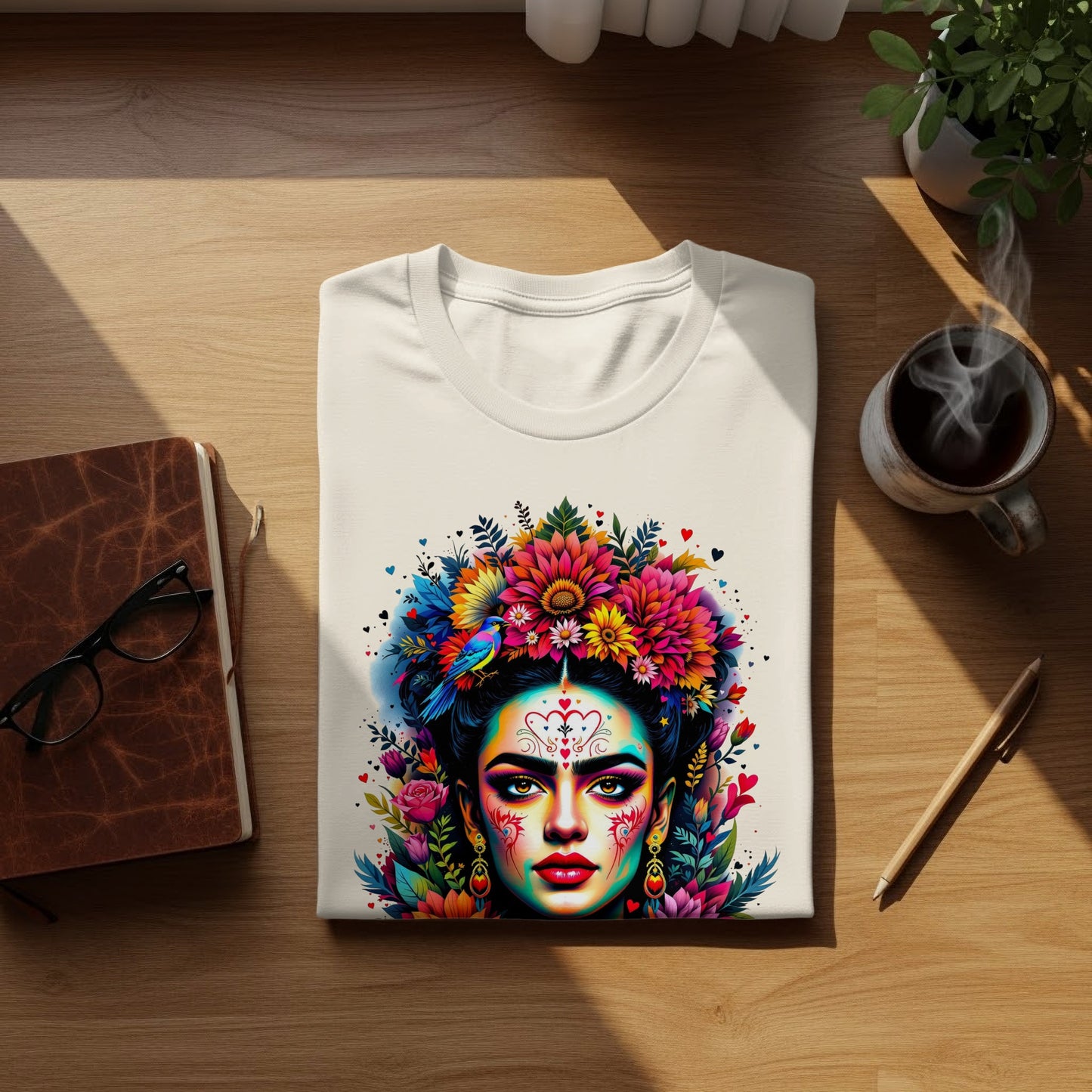 Vibrant Frida Kahlo inspired art face floral bird product type