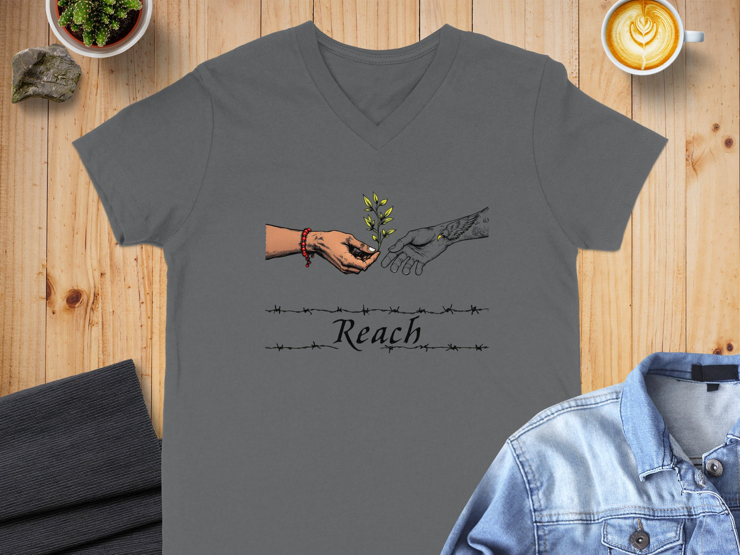 Reach Hand Graphic V-Neck Fashion T-Shirt product type
