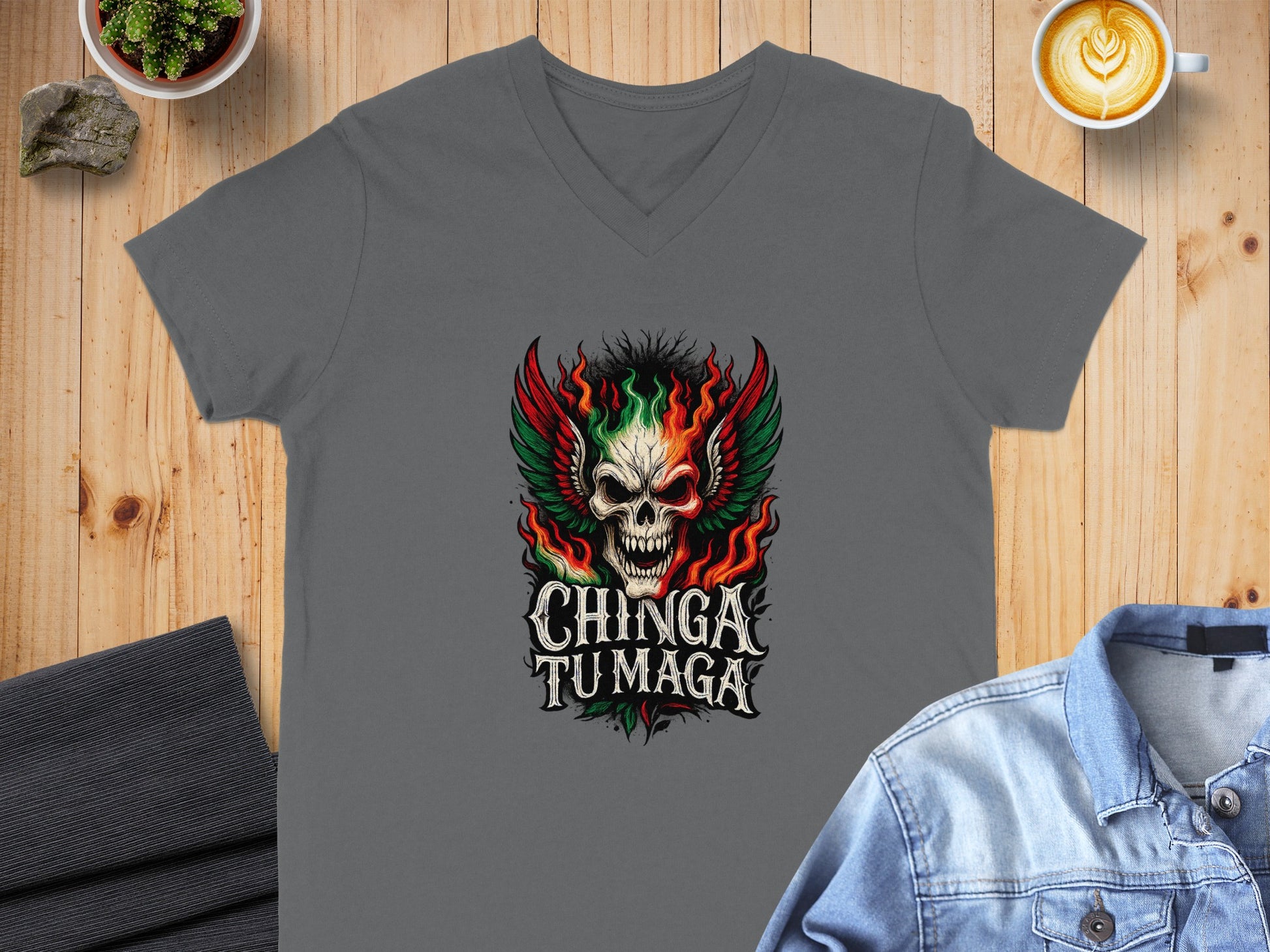 Skull with Flaming Mexican Flag Graphic T-Shirt product type