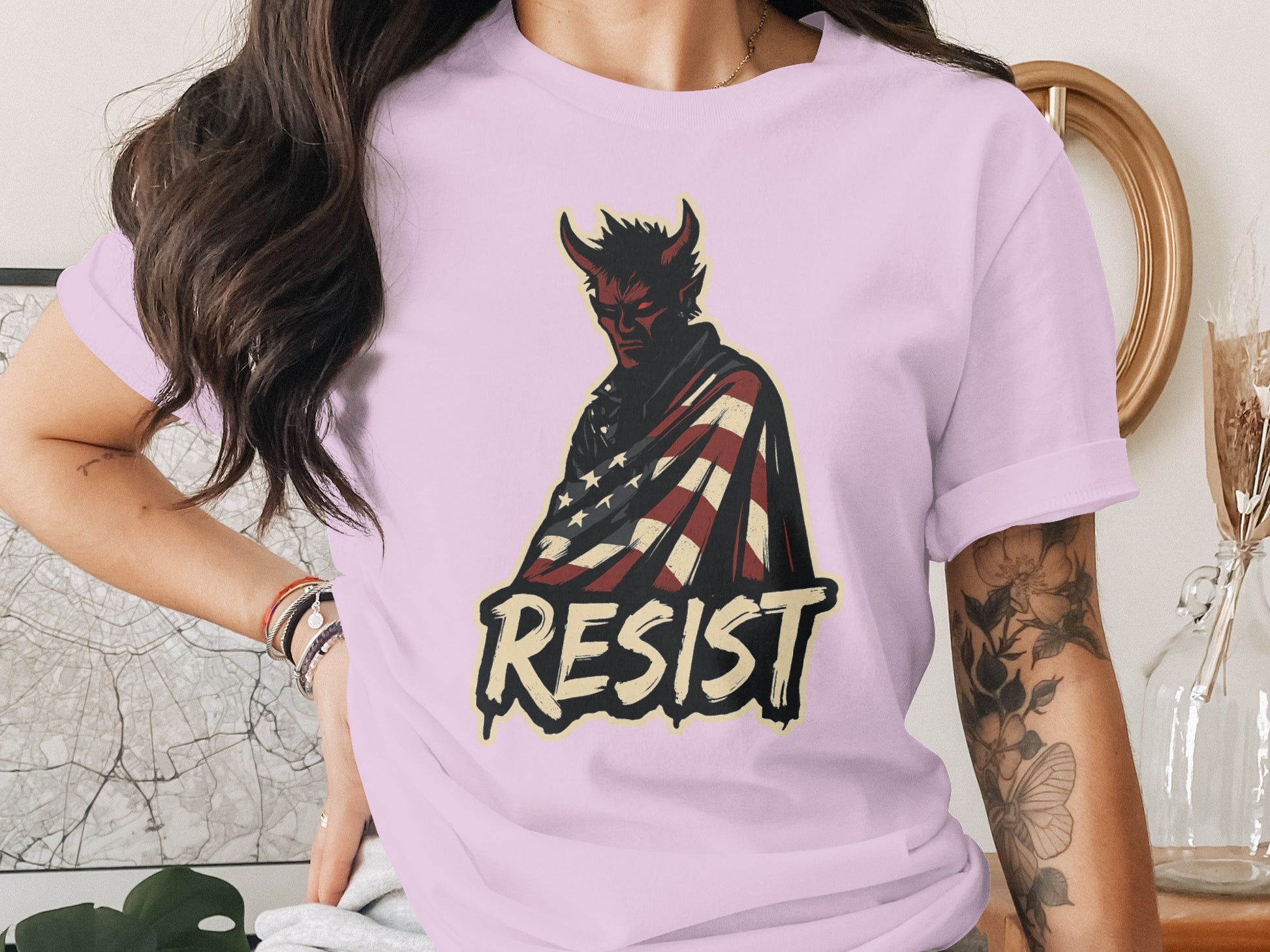 Resist Devil Holding Flag Graphic Tee Shirt product