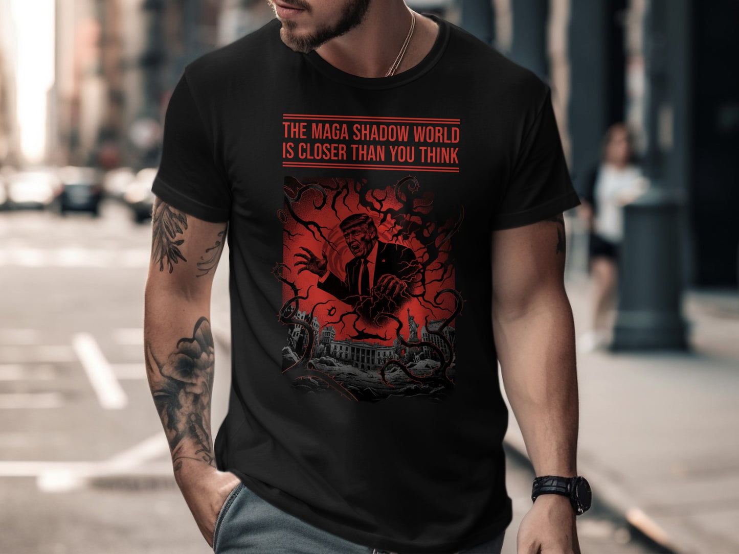 Black t-shirt with red graphic of Trump and text "THE MAGA SHADOW WORLD IS CLOSER THAN YOU THINK".