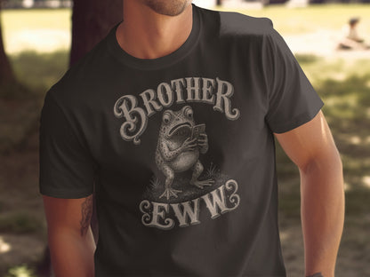 Dark t-shirt with frog holding phone and text "BROTHER EWW".