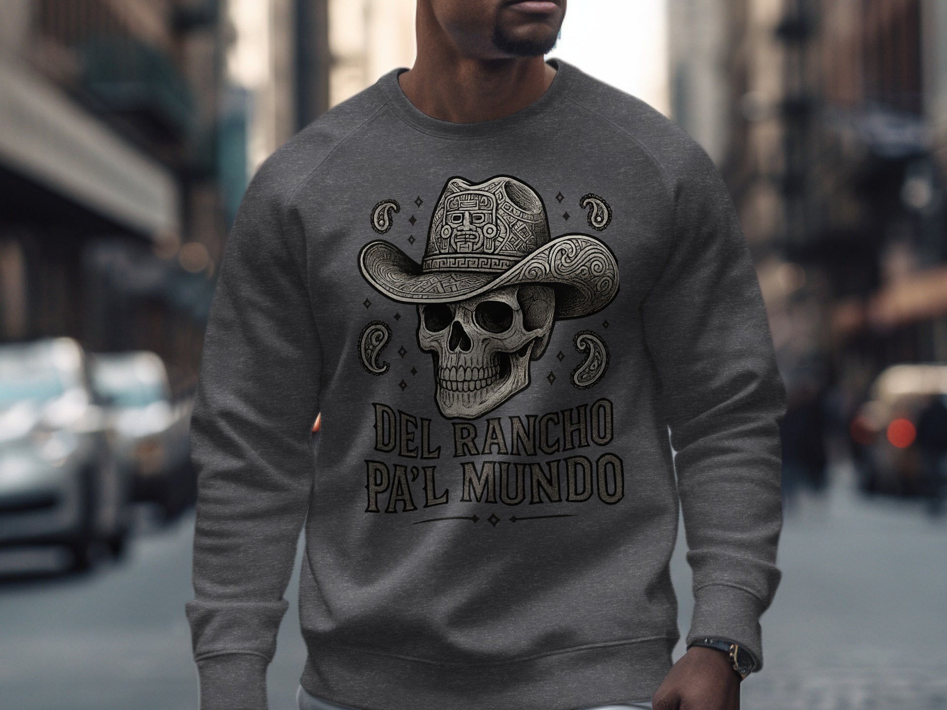Del Rancho Pa'l Mundo Skull Cowboy Hat Sweatshirt