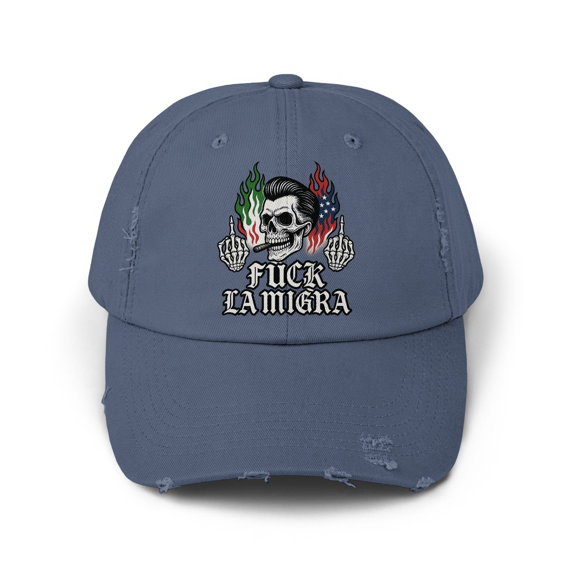 Distressed Blue Cap with Skull Middle Finger Art Hat product