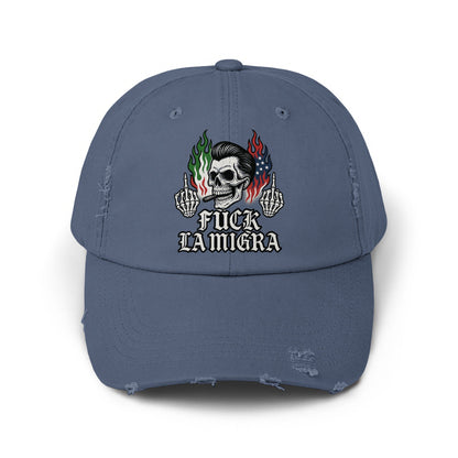 Distressed Blue Cap with Skull Middle Finger Art Hat product