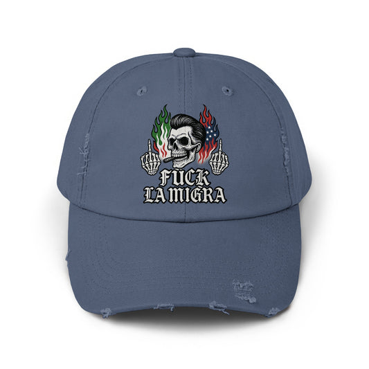 Distressed Blue Cap with Skull Middle Finger Art Hat product