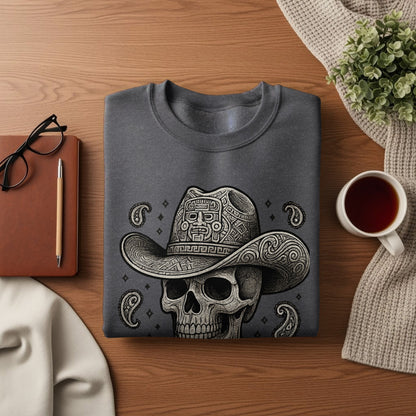 Intricate Skull and Cowboy Hat Graphic Design Shirt