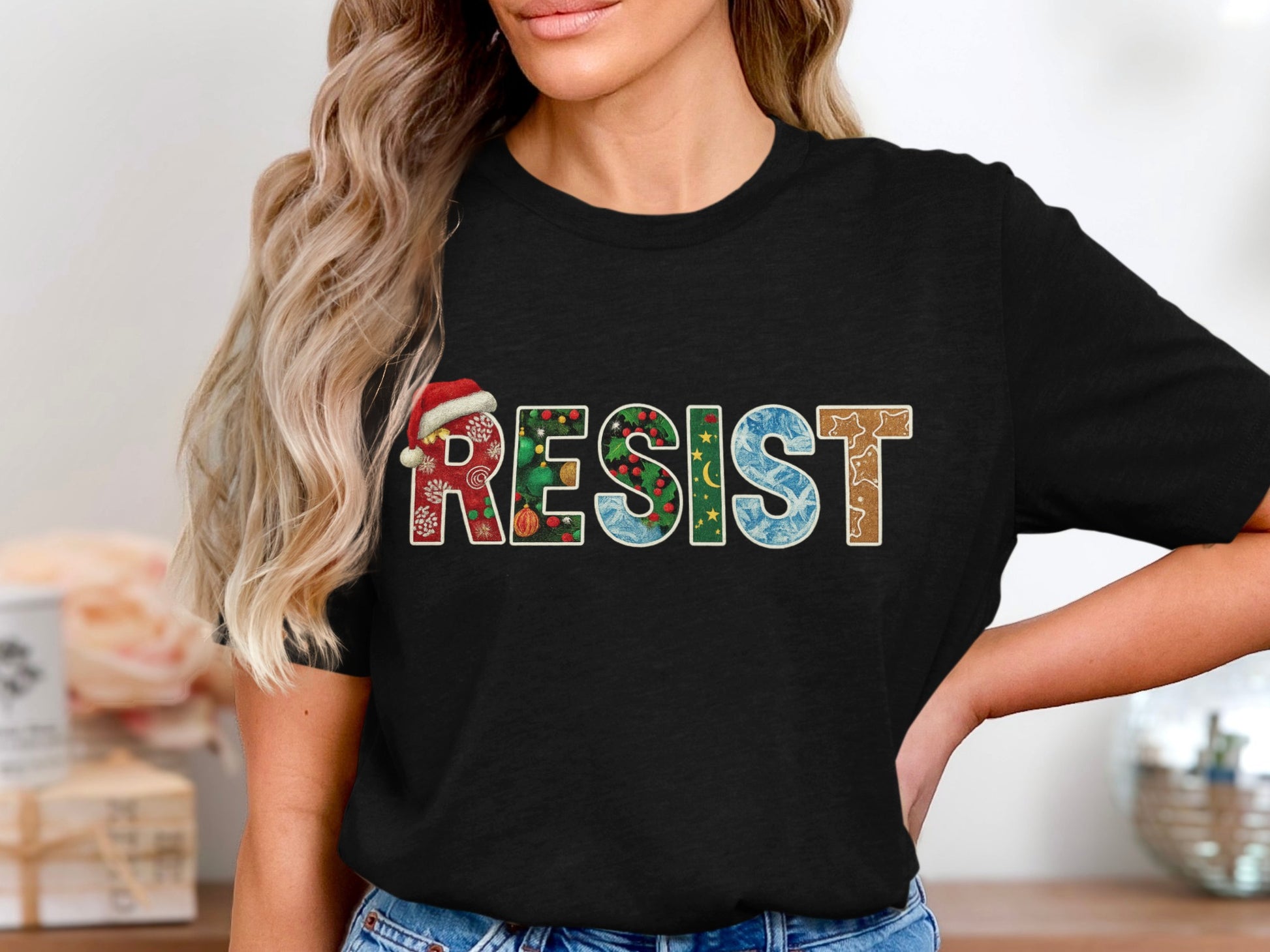 Festive Resist Graphic Tee with Holiday Themes