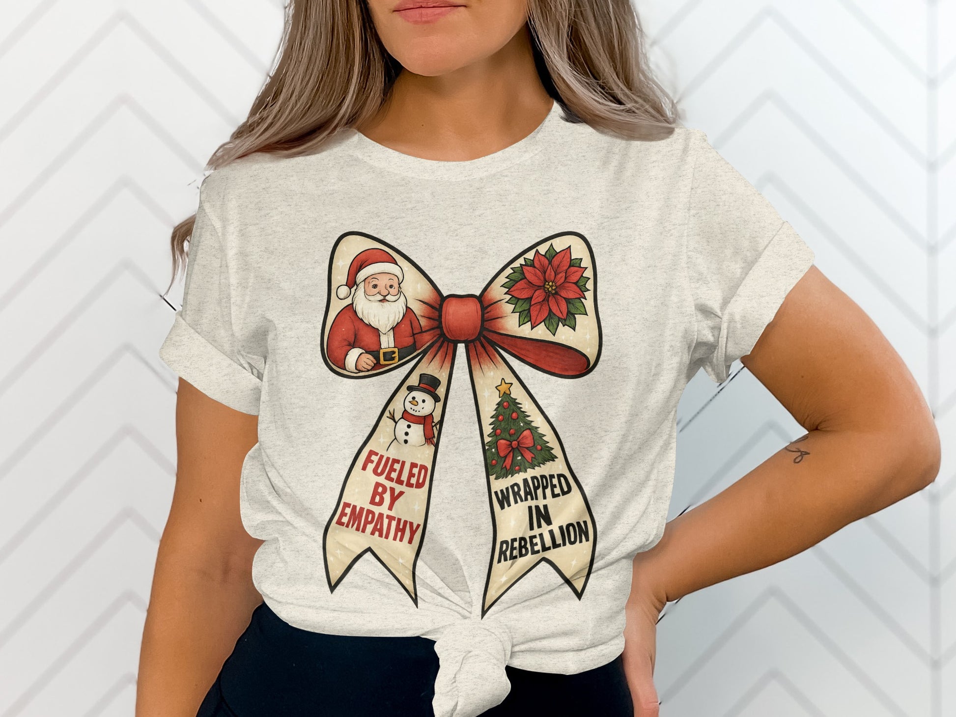 Christmas Bow Santa Design T-Shirt for Festive Occasions