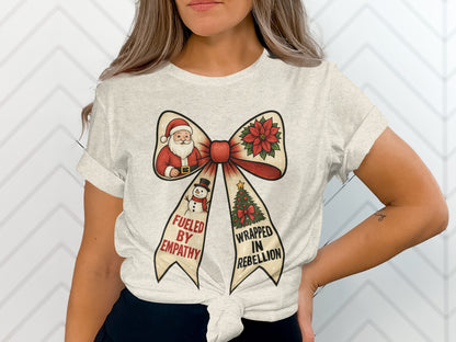 Christmas Bow Santa Design T-Shirt for Festive Occasions