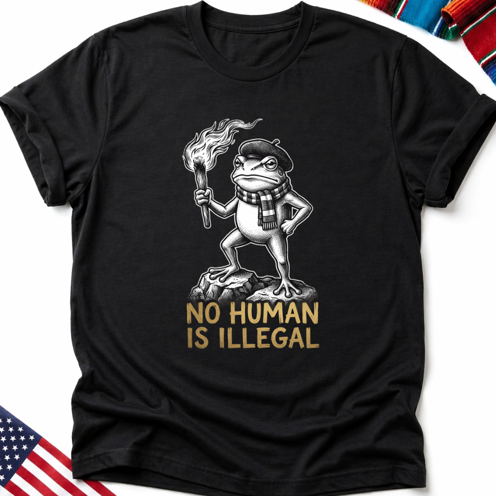 Frog wearing beret and scarf holding torch, "NO HUMAN IS ILLEGAL" text.