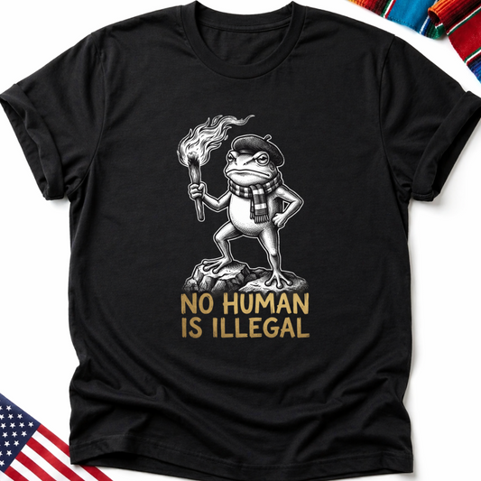 Frog wearing beret and scarf holding torch, "NO HUMAN IS ILLEGAL" text.