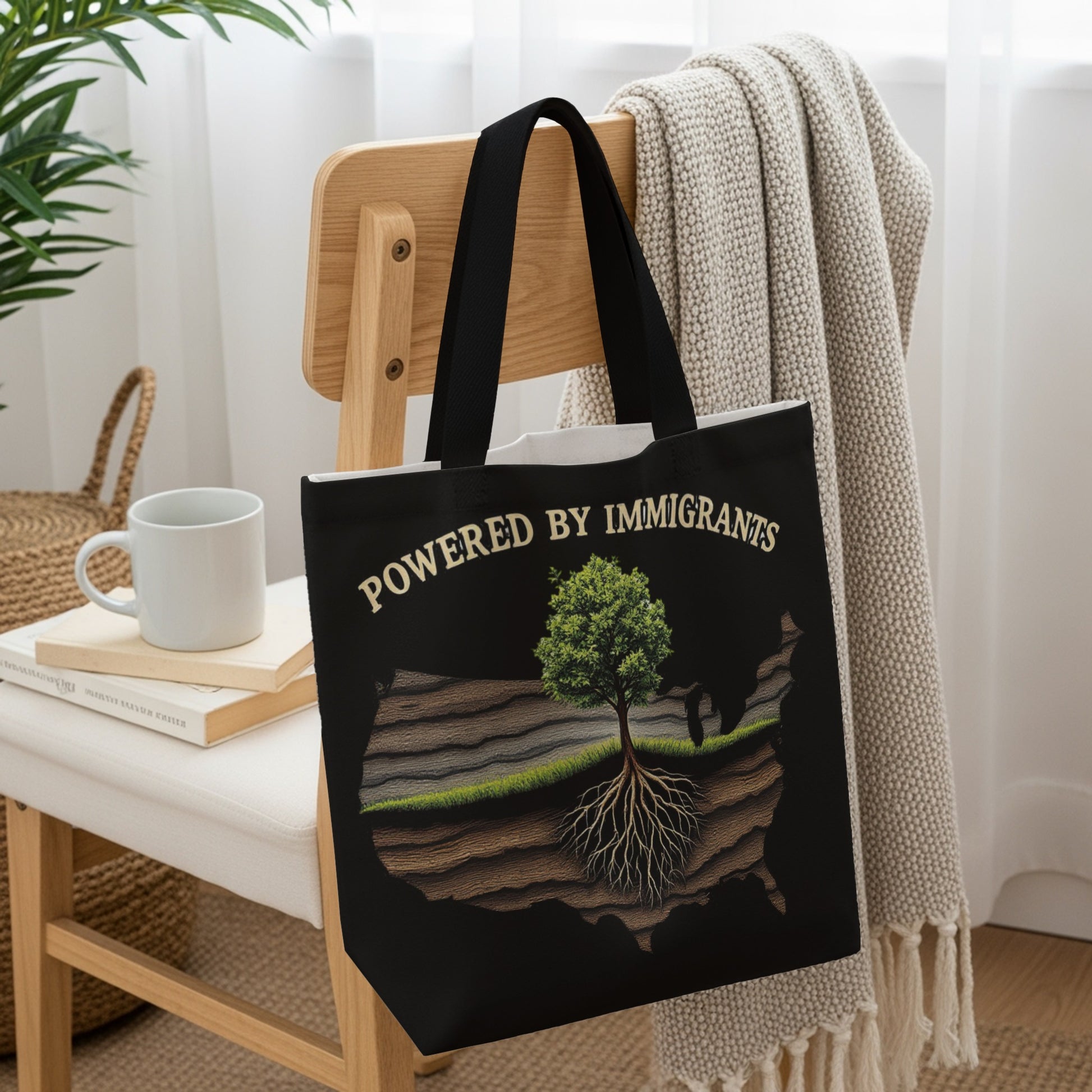 Black tote bag with "Powered by Immigrants" text and a tree growing out of a US map.