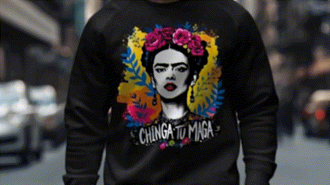 A person wearing a black sweatshirt with a colorful graphic design featuring a woman's face surrounded by flowers and the text "CHINGA TO MIGA".