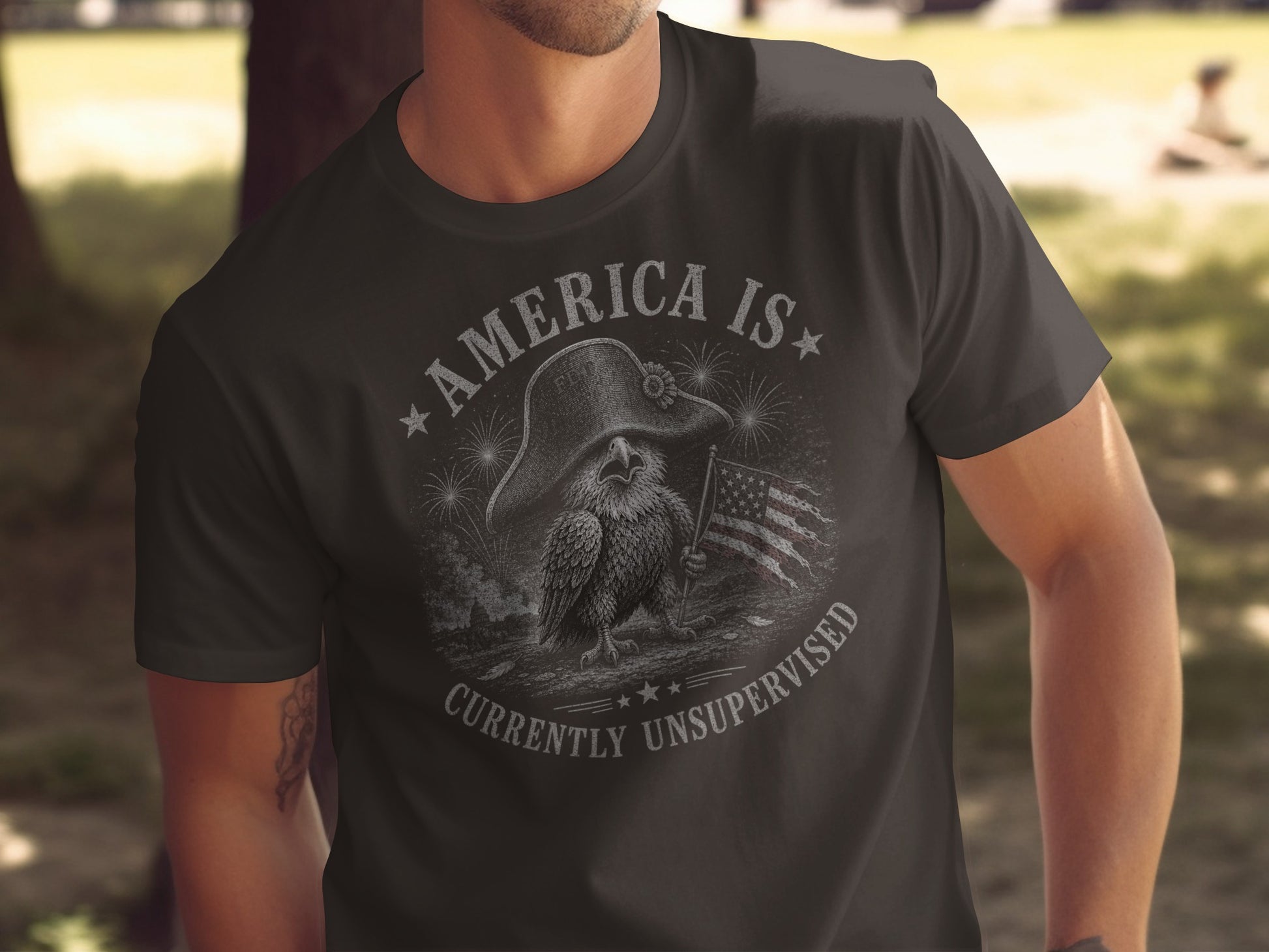 Eagle wearing hat holding American flag, "America is Currently Unsupervised" text.