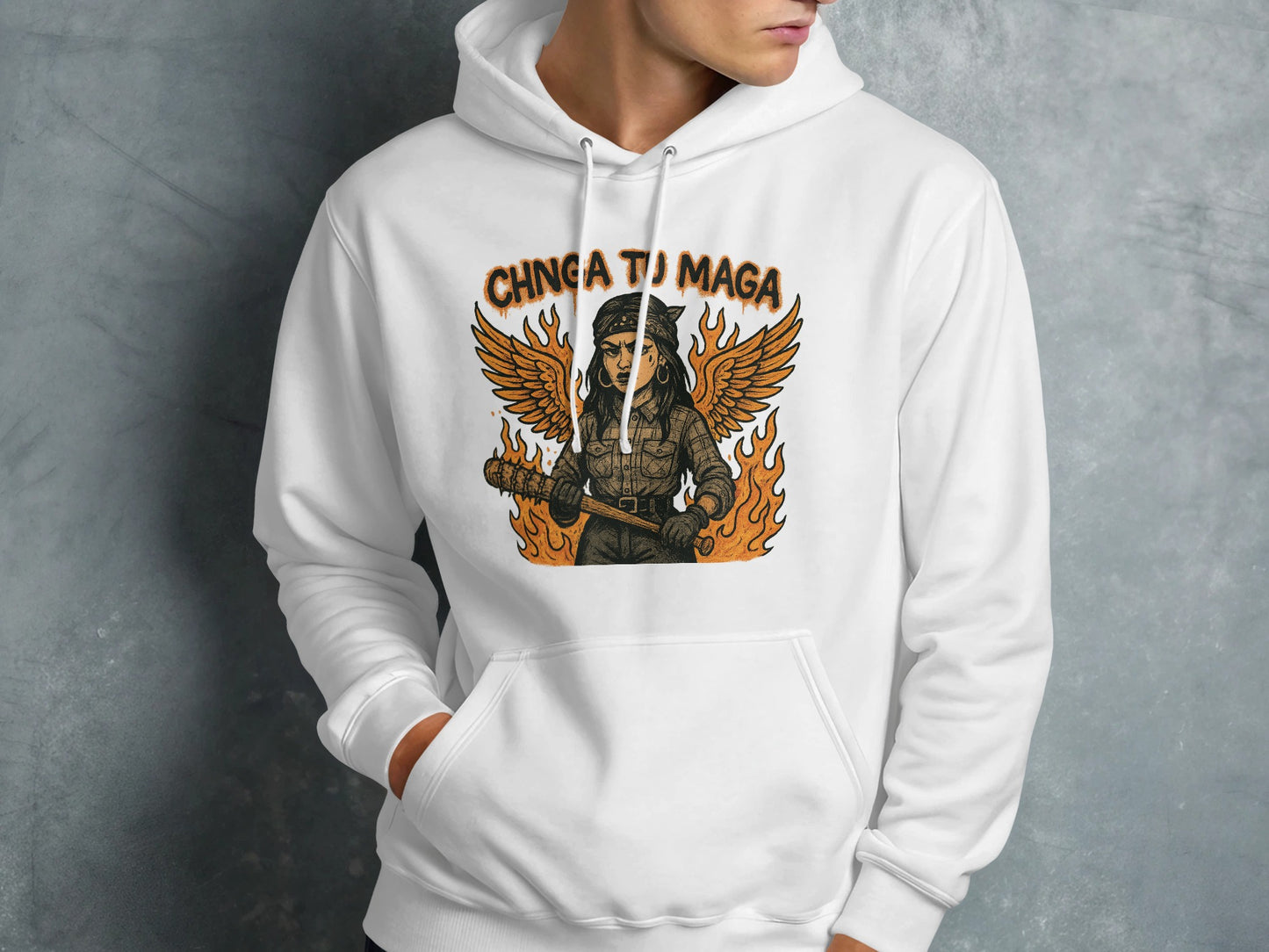 Chinga Tu Maga Hoodie with Angel Holding Bat product type