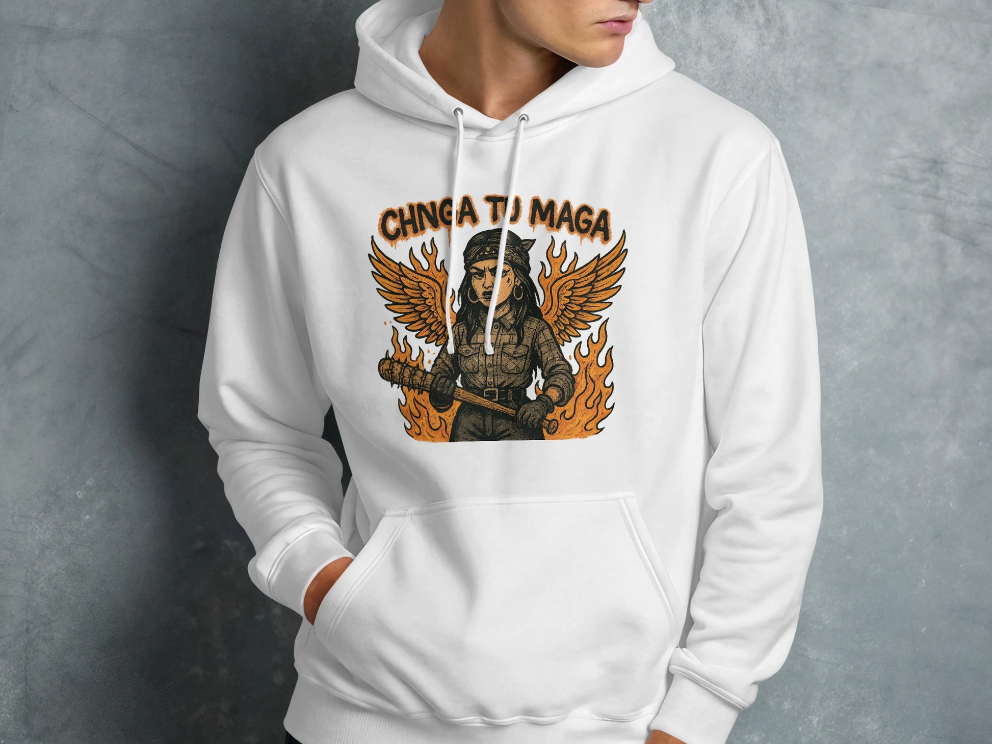 Chinga Tu Maga Hoodie with Angel Holding Bat product type