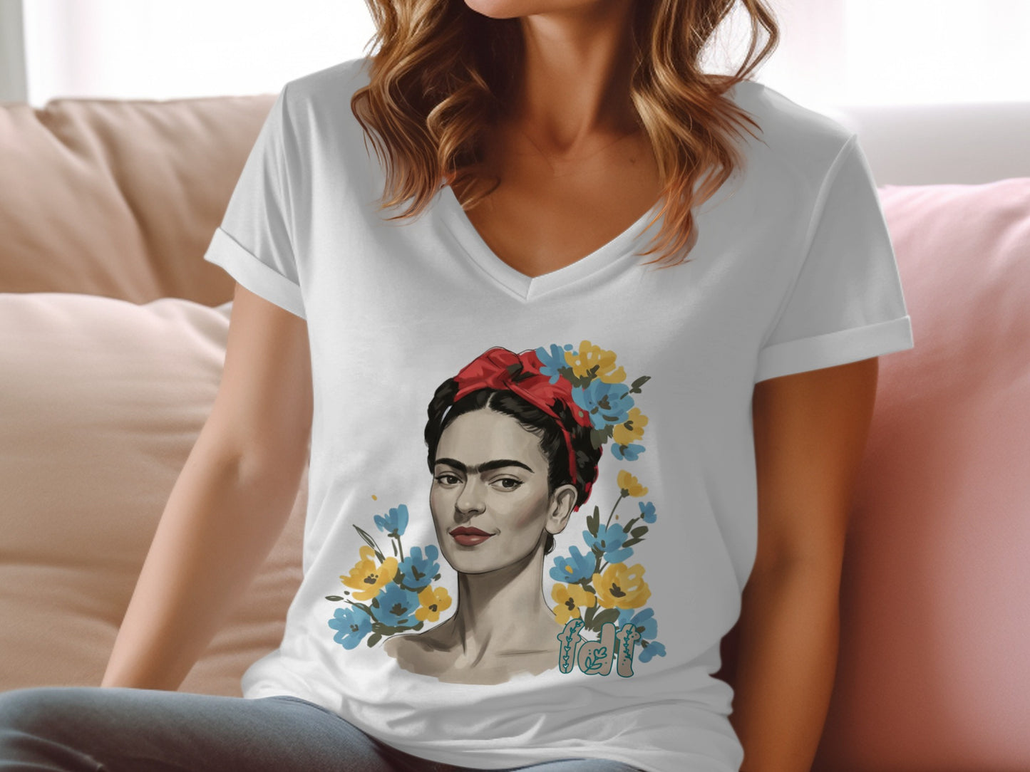 Artistic Portrait Tee with Colorful Floral Accents