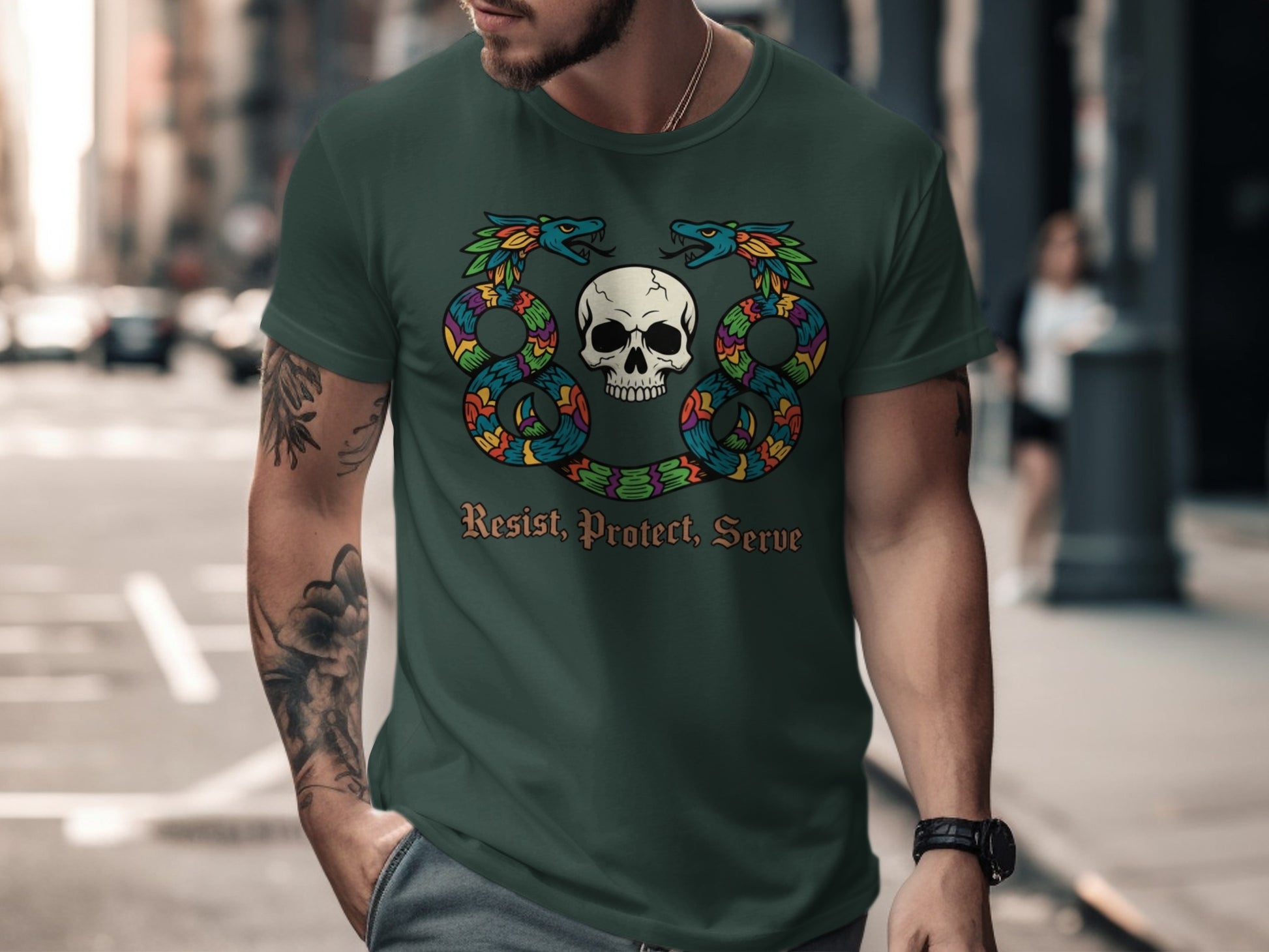 Resist Protect Serve Skull and Serpents T-shirt