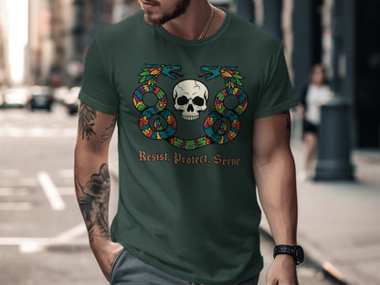 Resist Protect Serve Skull and Serpents T-shirt