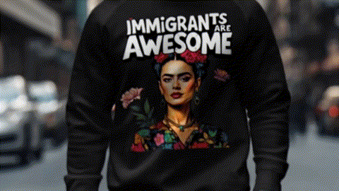 A person wearing a black sweatshirt with a colorful graphic of a woman's face and the text "IMMIGRANTS ARE AWESOME" printed on the back.