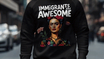 A person wearing a black sweatshirt with a colorful graphic of a woman's face and the text "IMMIGRANTS ARE AWESOME" printed on the back.