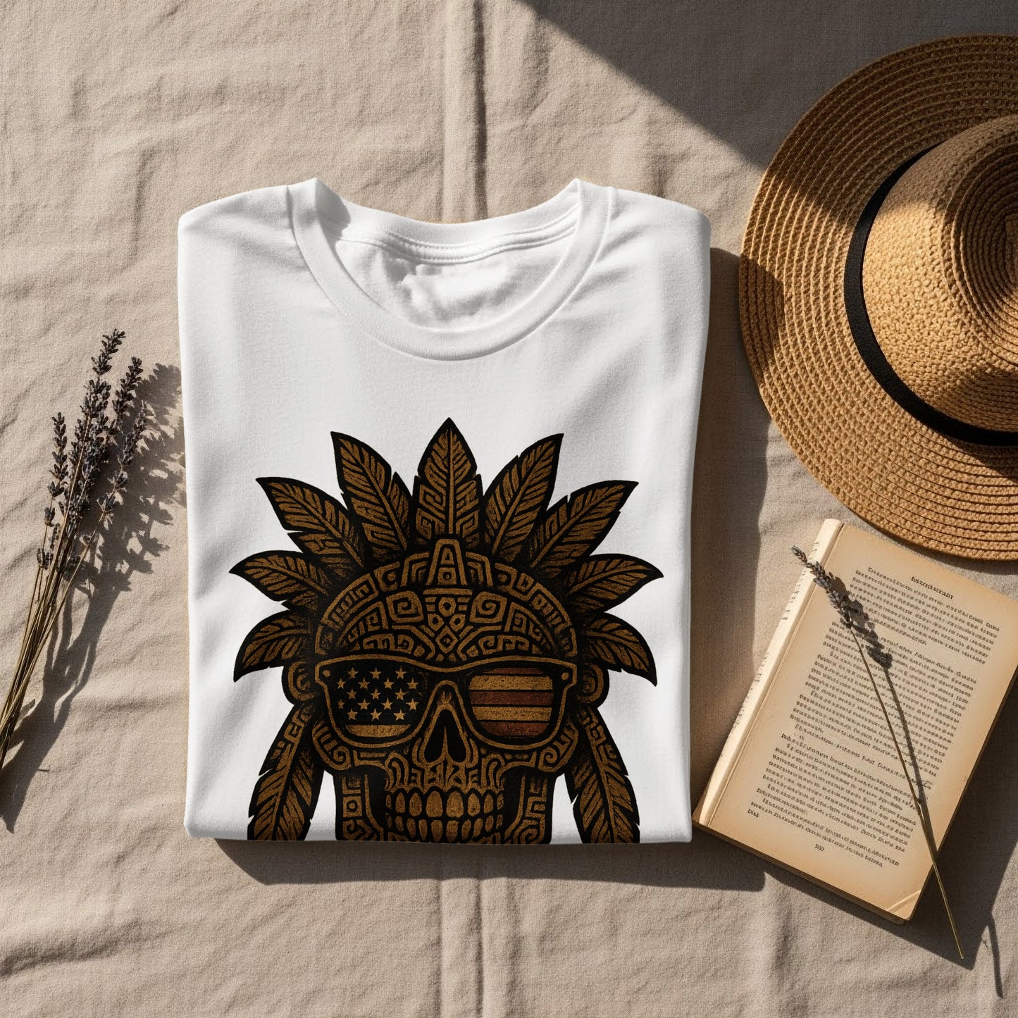 Cool Skull with Headdress Design on White T-shirt