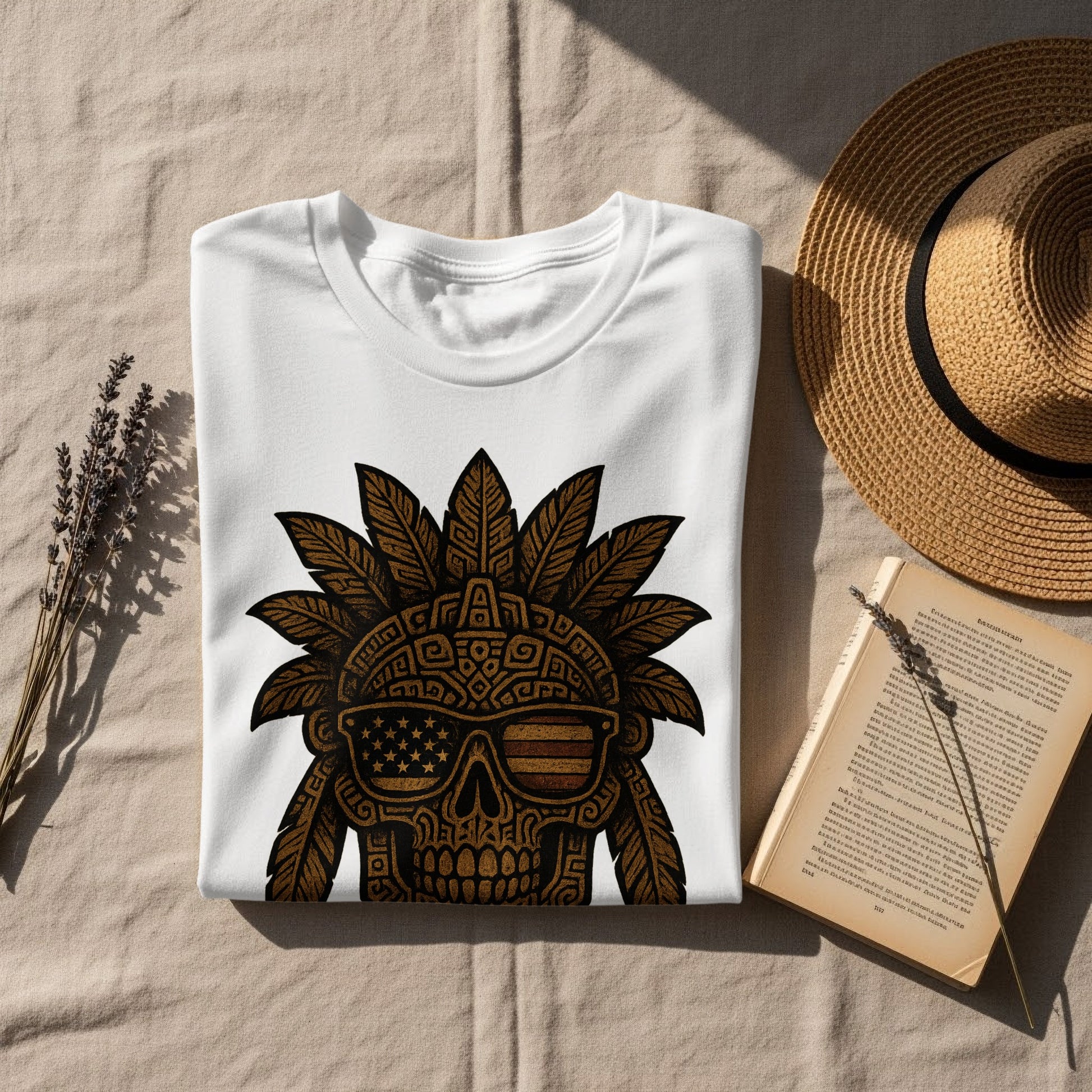 Cool Skull with Headdress Design on White T-shirt