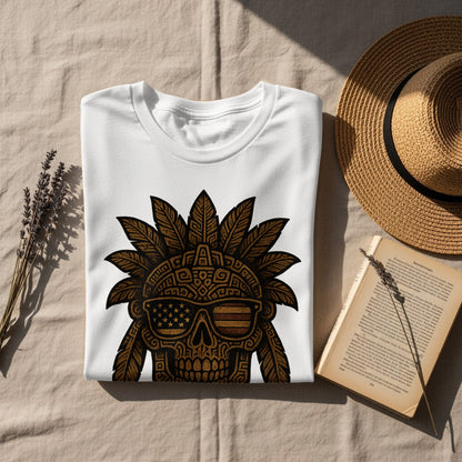 Cool Skull with Headdress Design on White T-shirt