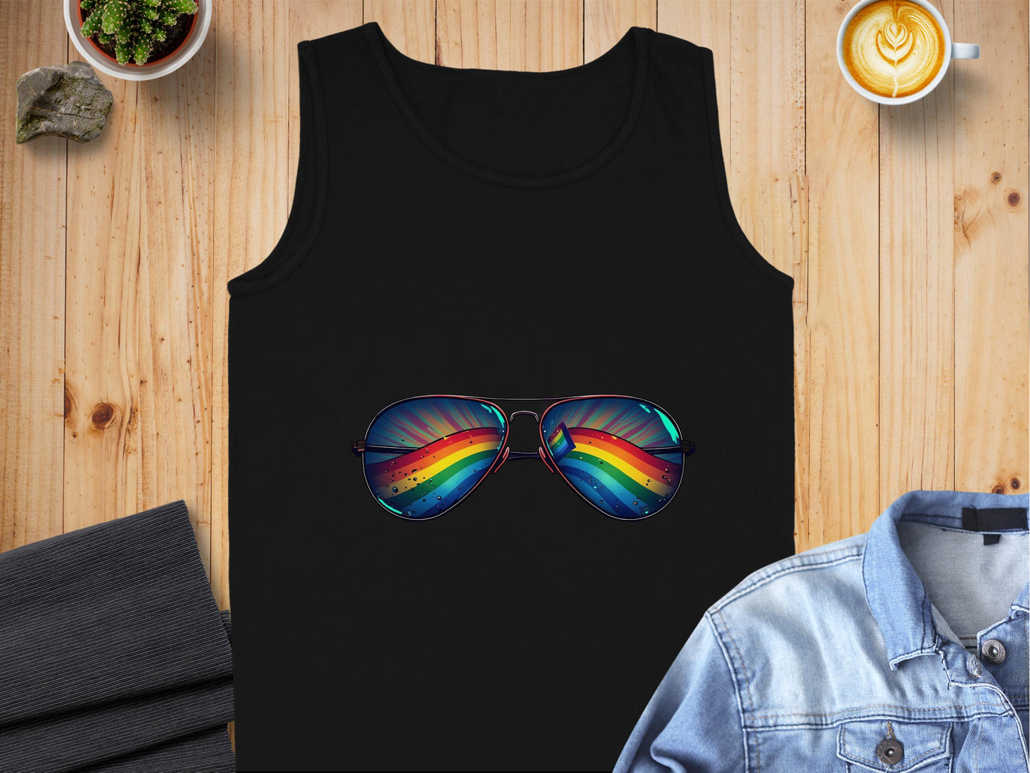 Stylish Black Tank Top with Rainbow Aviators Print product