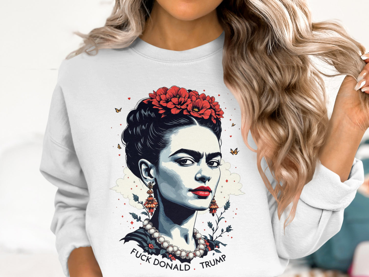 Frida Kahlo Inspired Graphic Sweatshirt Fuck Donald Trump