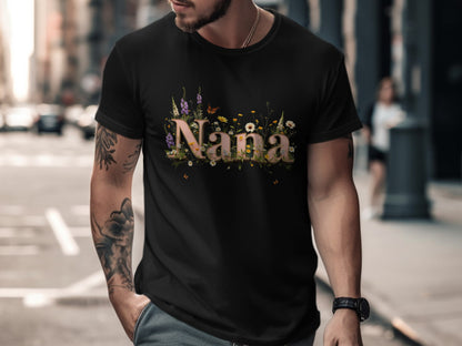 Black t-shirt with "Nana" in floral text and butterflies.