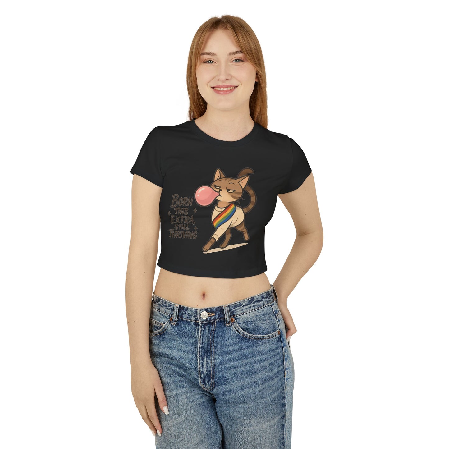 Women&#039;s Baby Tee - Born This Extra, Still Thriving Cat Graphic Tee