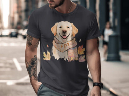 Autumn Leaves Dog Wearing Scarf Graphic T-shirt